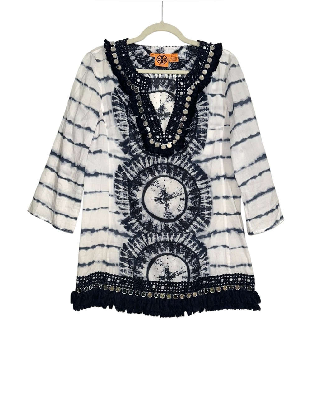 Tory Burch Stephanie Mirror Embellished Tie Dye Navy & White Fringe Tunic Top 10